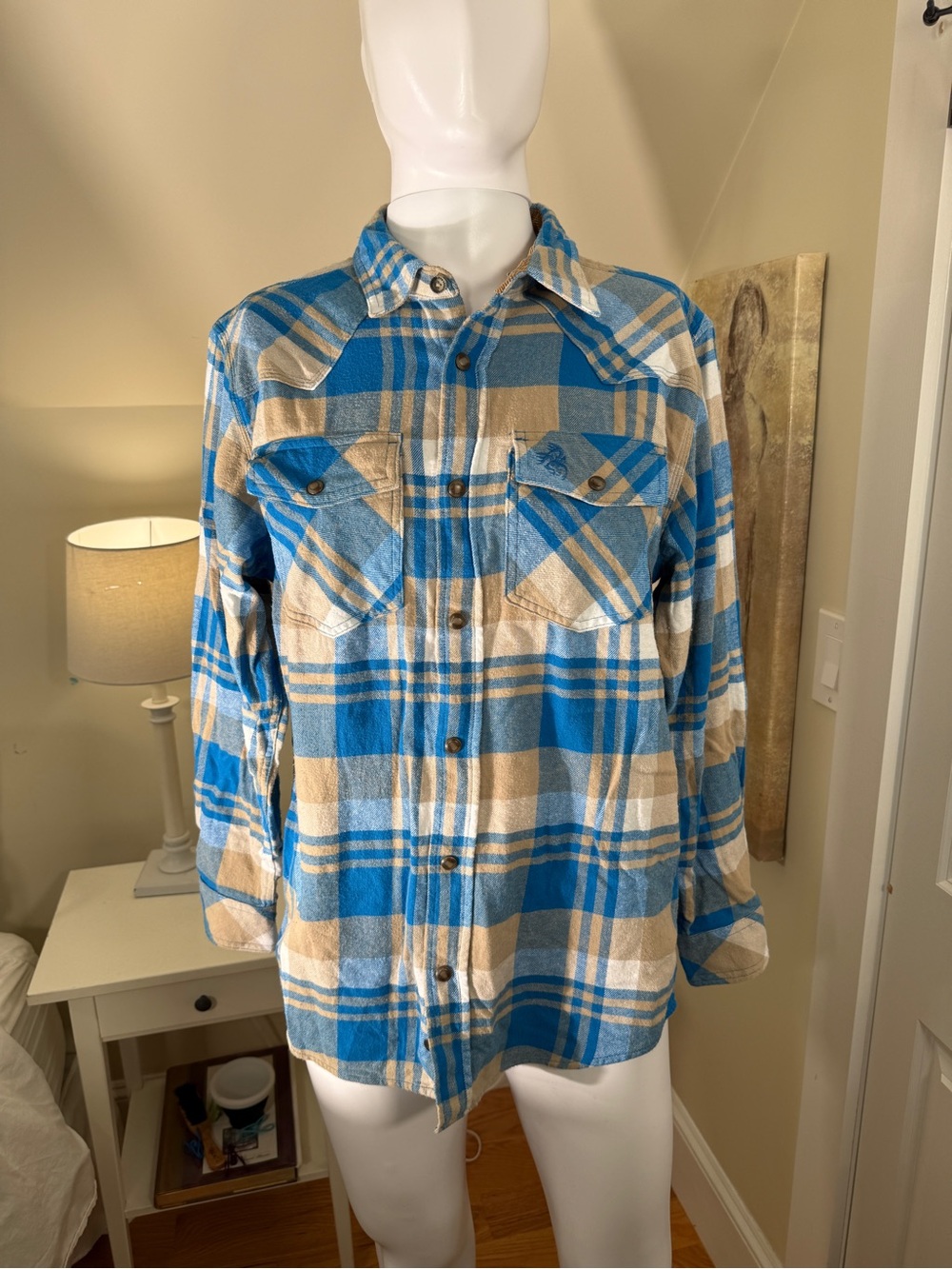 🦌 Legendary Whitetails Plaid Flannel Shirt Men’s Medium Blue Tan Western - Picture 7 of 10